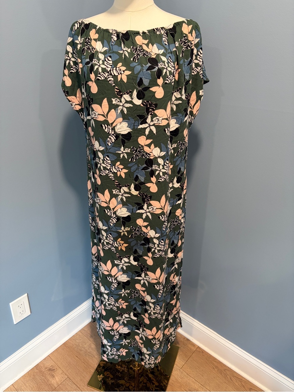 Aila Blue Tropical Floral Maxi Dress Medium Off Shoulder Resort Boho